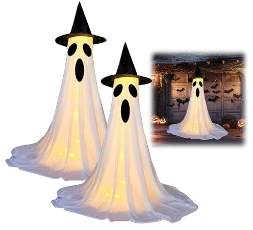 Longzhuo 2 Stück Halloween Deko Outdoor Geist, 155cm leuchtende Stehender Geister mit Hexenhut für Halloween Party Garten Spukhäuse Deko