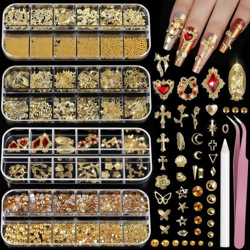 Vesavifaka Gold Nail Charms Ensemble de Bijoux Ongles, Lot de 4 Pierres à Ongles, Perles Décorations Ongles 3D, Charms Coeur Croix, Strass pour Design Ongles, Kit Accessoires Nail Art pour Créations
