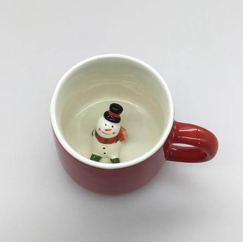 Weihnachtstasse mit Figur – Keramik Becher mit Henkel, Rot/Weiß – Weihnachtsmann, Bär oder Schneemann – Geschenkidee zu Weihnachten, Winter Tasse für Kaffee & Tee – (Schneemann)