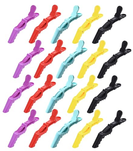 20 Stück Haarklammern, Abteilklammern für Friseure, PBT-Krokodilklammern, professionelle Stylingklammern, mehrfarbiges Haarklammern-Set (lila, schwarz, hellblau, hellgelb, rot) geeignet für Styling un