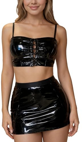 Adigau Damen Wetlook Dessous Set Lack Leder Nachtclub Unterwäsche Outfit Schnürung vorne Crop Top G-String Minirock Clubwear