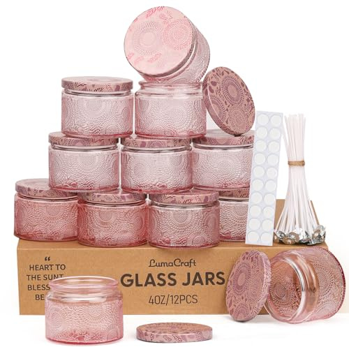 Candle Jar Luxus Relief Kerzengläser zum Kerzen gießen- 12er Pack Leere Glasgefäße mit Luftdichtem Metalldeckel, 20pcs Dochte & 20 pcs Aufkleber - 4oz Vintage Farbige Gläser für DIY Geschenke & Deko