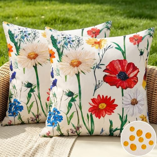 Velvhom Fundas Cojines 50x50 Exterior Impermeable - Funda Cojin Decorativos Floreado Rojo Primavera - Juego de 2 Grandes Cushion Covers Lavable para Sofá Sillas de Salon Jardín Balcón Patio