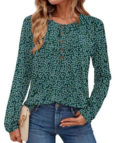 Womens Lightweight Long Sleeve Pullover T Shirts Casual Loose Fit Print Blouse Button Front Crew Neck Tops Shirts