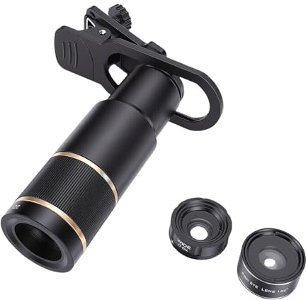 Akozon Kit obiettivo fotocamera del telefono Supporto per telefoni cellulari IOS Teleobiettivo 22X 198° Fisheye 0,6X Grandangolo 15X Morsetto per obiettivo macro Custodia per treppiede
