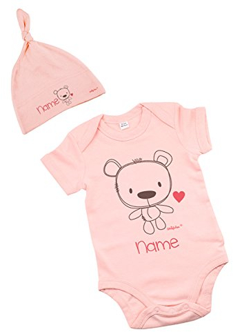 Striefchen® rosa Babyset mit Namen - Babybody und Babymütze -Teddybär - als Babygeschenk Größe 3-6 Monate