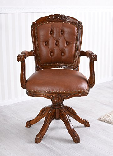 PALAZZO INT Englischer Chesterfield Drehsessel Mahagoni 63x58x106 cm Ledersessel Bürostuhl Schreibtischstuhl drehbar handgearbeitet Reproduktion Vintage Stil Massivholz Besucherstuhl geschnitzt