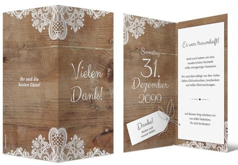Personalisierte Hochzeit Dankeskarten DIN Lang Klappkarte - Rustikal mit weißer Spitze, ab 10 Stück Menge wählbar