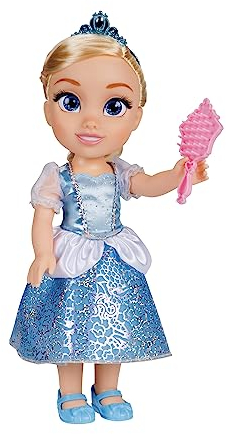 Disney Princess Cinderella Puppe 35cm, reflektierende Glitzeraugen, bewegliche Gelenke, ausziehbares Kleid, Schuhe, Krone, Blondes Haar, für Mädchen ab 3 Jahren