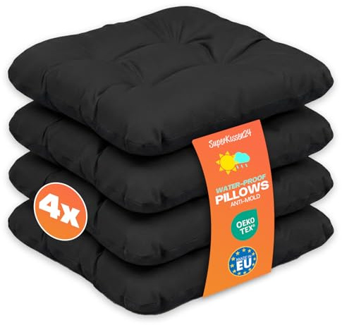 Outdoor Sitzkissen Stuhlkissen - 4er Set - 45 x 45 cm - Made in EU, Wasserdichtes & UV-beständig Gartenkissen - Stuhlauflage Stuhlpolster für Balkonstühle - Schwarz