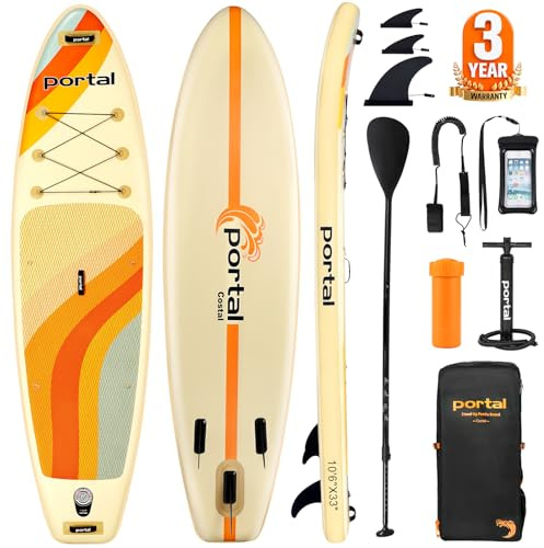 Portal Stand Up Paddle Board, 10'6x33 x6 Inflatable Paddle Boards with SUP Accessories Including Carry Bag, Hand Pump, Paddle, Leash, Fin, Repair Kit, Waterproof Phone Case, Beige