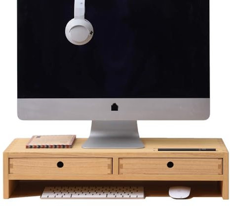 KIRIGEN Wood Monitor Stand with 2 Drawers Computer Arm Riser Desk Storage Organizer, TV Laptop Printer Stand,2-Tier Desktop Shelf Natural