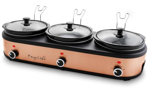 Megachef Triple 2.5 Quart Slow Cooker and Buffet Server in Brushed Copper and Black Finish with 3 Ceramic Cooking Pots and Removable Lid Rests