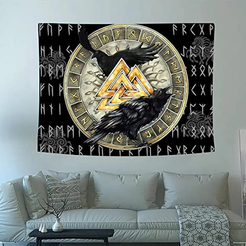 Arsey Nordische Mythologie Wikinger Wandteppich Wandtücher Valknut Raben Kunst Wandbehang Meditation Rune Wandtuch für Wohnzimmer Schlafzimmer Mittelalter Deko 200cm x 150cm