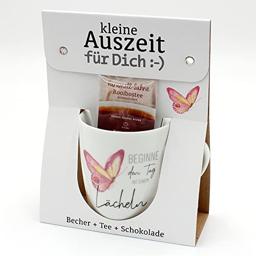 Geschenkset - kleine Auszeit - Tee,- Kaffeebecher / Tasse aus Porzellan+Tee+Schokolade, Motiv: Beginne den Tag mit einem Lächeln, Größe H/Ø: 9,8x8,2 cm, Fassungsvermögen 250 ml, Spülmaschinengeeignet.