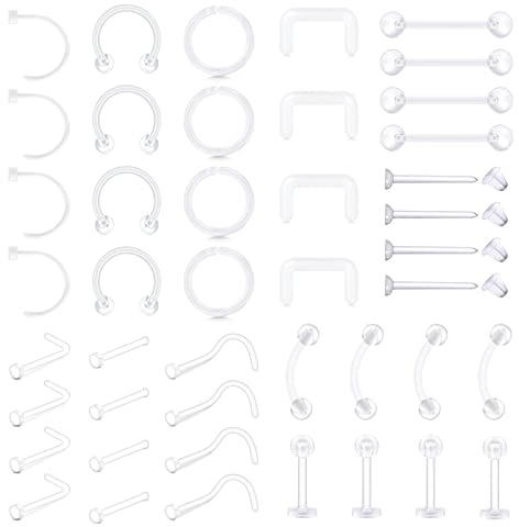 AceFun 44 pcs Mix Style Clear Piercing Retainer Flexible Lip Ear Nose Septum Eyebrow Nipple Tongue Rings Cartilage Tragus Retainer Bioflex Horseshoe Hoop Industrial Barbell