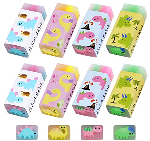 Vicloon Fruta Borrador, 8Pcs Goma para Borrar Suave Tema de Dinosaurio, Lindo Mini Patrón Niños Gomas Borrar, Borrar Marcas de Lápiz, Aplicable a Niño Útiles Escolares y Regalos Navideños