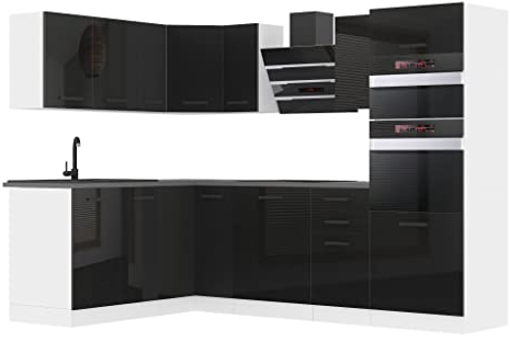 Belini Küchenzeile Küchenblock Küche L-Form Melanie Küchenmöbel mit Griffe, Einbauküche ohne Elektrogeräten mit Hängeschränke und Unterschränke, ohne Arbeitsplatten, Schwarz Hochglanz