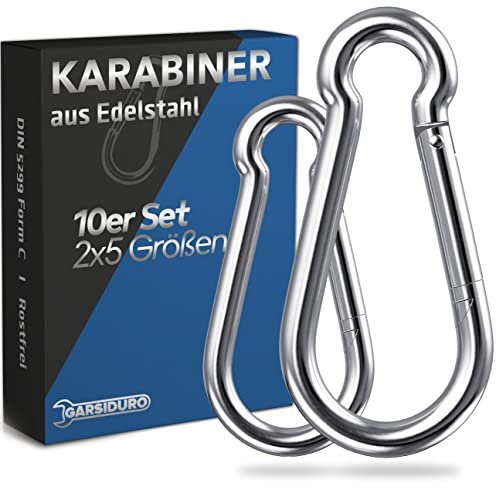 GARSIDURO® Edelstahl Karabiner | 10er Set in 5 Größen | Karabinerhaken DIN 5299 rostfrei | Feuerwehr-Karabiner mit Schnappverschluss geeignet als Schlüsselanhänger oder für Schwerlast und Hundeleine
