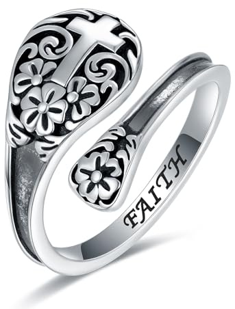 AMBCESSER 925 Sterling Silver Cross Spoon Ring - Oxidized Vintage Flower Faith Rings Adjustable Size Inspirational Jewelry, Sterling Silver, No Gemstone