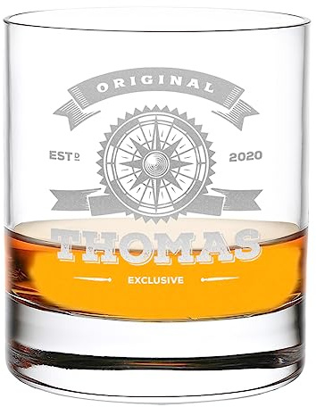 Whisky-Glas 315 ml Volumen mit personalisierter Gravur - mit Namen veredelt - Tumbler für echte Kerle - geeignet für Scotch und Bourbon - Geschenkidee zum Vatertag - mit Motiv Original Kompass