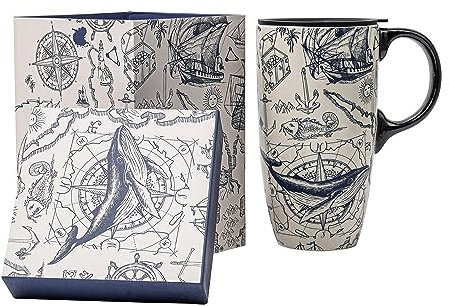 Topadorn Ceramic Coffee Mug Travel Cup Gift with Lid 17oz, Porcelain Tall Tea Cup with Handle for Home & Office, Ocean Art Pattern Mug in Gift Box, 6.5''H