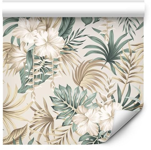 murando PREMIUM Vlies Tapete Deko Panel Fototapete tropische Blätter Wanddeko 10 m Tapetenrolle Mustertapete Wandtapete modern design Dekoration - Palme Blumen b-B-0574-j-a