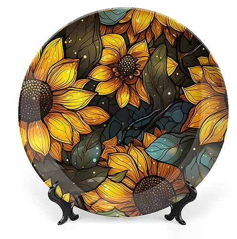 Gokays Decorative Plates, Sunflower Flower Stained Glass Painting Ceramic Dinner Plate Home Wobble-Plate with Display Stand, Wall Hanging Decor for Kitchen Household 6 Inch, Gifts for Sunflower Lover