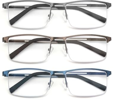 MODFANS 3er-Pack Lesebrille Herren Blaulichtfilter Metallrahmen Rechteck Stil Edelstahl Material