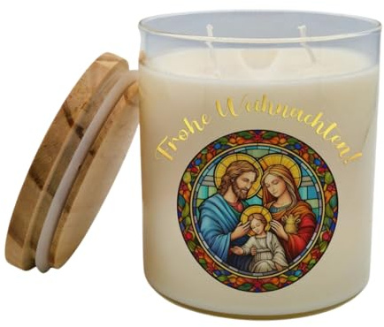 Christliche Weihnachtskerze Kerze im Glas Heilige Familie Buntglasmotiv Frohe Weihnachten Jesus