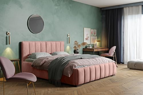 MARPUR Polsterbett Nero mit Kopfteil, 120x200 cm, Doppelbett mit Bettkasten und Lattenrost aus Holz, Velourstoff: Rosa