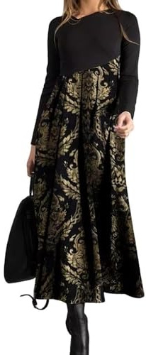 Women Vintage Ethnic Floral Printed Long Sleeve V Neck Dress Fall Winter Elegant Slim Fited High Waist A-Line Maxi Dresses