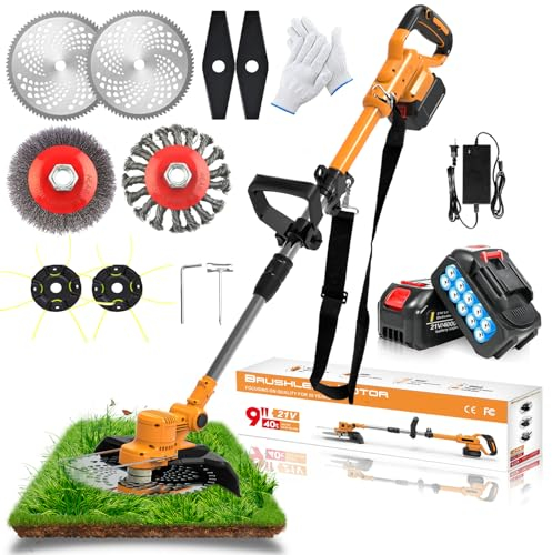 Coupe Bordure sans Fil avec Batterie Brushless Débroussailleuse à Batterieavec 21V 2 Batteries, Débroussailleuse Electrique sans Fil pour la Coupe 90° Poignée Réglable, pour Jardin Élagage