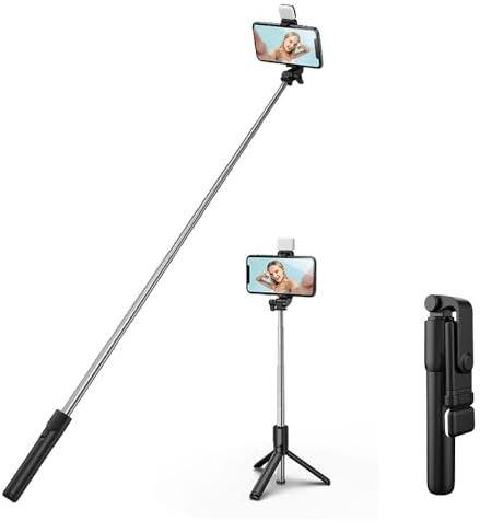 H.May Perche à Selfie avec Lumière, 75cm Selfie Stick Trépied pour Téléphone avec Télécommande Détachable pour Voyages, Vlogs et Photos Compatible avec iPhone, Samsung, Huawei
