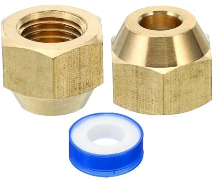PATIKIL 1/4 SAE Dado a Compressione in Ottone, 2pz 45 Gradi Raccordo Tubo Svasato in Rame Tappo per Raccordo Tubo Ottone con Nastro Adesivo per Linea Gas Acqua Condizionatore Aria, Lucido