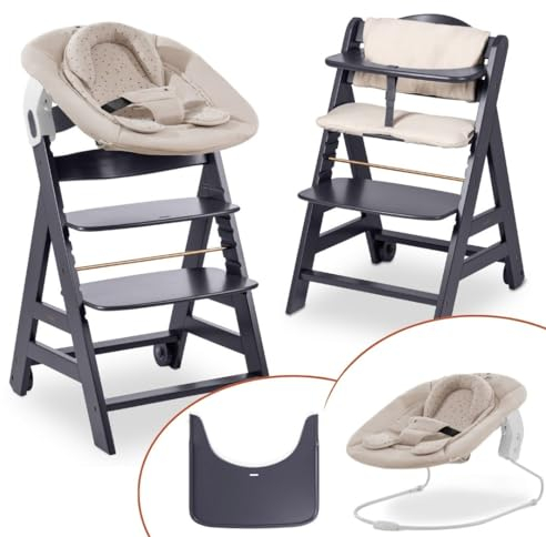 hauck Hochstuhl Beta+ Newborn Set - Babyhochstuhl Set ab Geburt mit 2in1 Neugeborenen Aufsatz Bouncer, Sitzpolster und Essbrett - Dark Grey | Winnie the Pooh