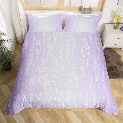 Homewish Lilac And Greyish White Comforter Cover Double Abstract Lavender Ombre Bedding Set For Teen Girls Women Gradient Violet Duvet Cover,Geometric Wavy Stripe Quilt Cover Purple Room Decor