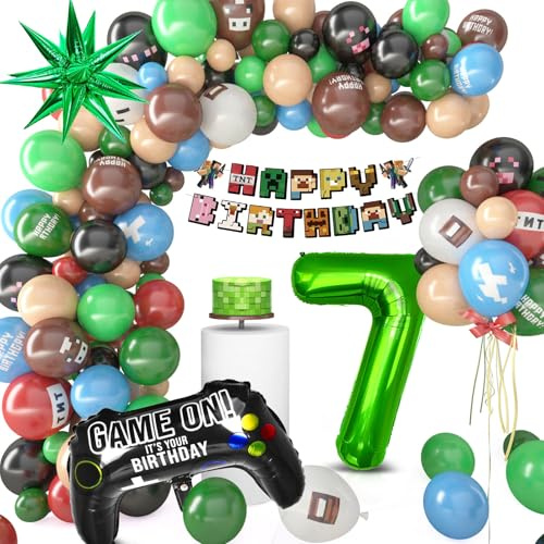 Pixel Luftballon Geburtstagsdeko 7 Jahre, 81 Stück Miner Kindergeburtstag Gamer Party Deko, Happy Birthday Banner Gamer Folienballon Spiel Luftballon Geburtstag Deko für Jungen Kinder
