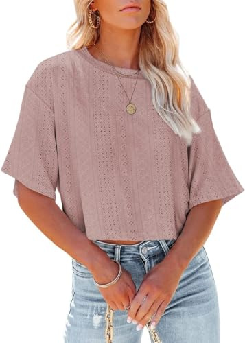 Fisoew Tshirt Damen Sommer Kurzarm Cropped Shirt Rundhals Oberteil Ausgehöhlt Casual Einfarbig(Rosa,XL)