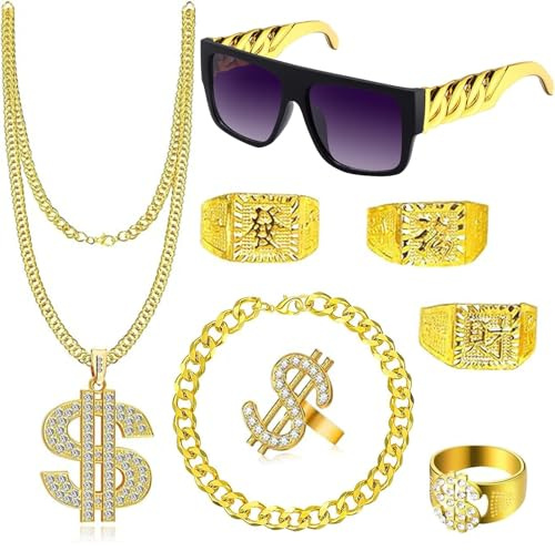 8 Stück Goldene Dollar Kette, Goldene Dollar Kette Set, Zuhälter Kostüm Set, Goldkette Rapper Kostüm mit Dollar Kette & Ringe, Hip Hop Kostüm Kit Herren,Rapper Zubehör,80er 90er Mottoparty