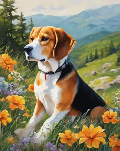 ZMHZMY Malen nach Zahlen Erwachsene,Beagle-Hund auf Blumenwiese DIY Handgemalt Ölgemälde Kits auf Leinwand Geschenk für Weihnachten Geburtstag Home Haus Deko,40x50cm
