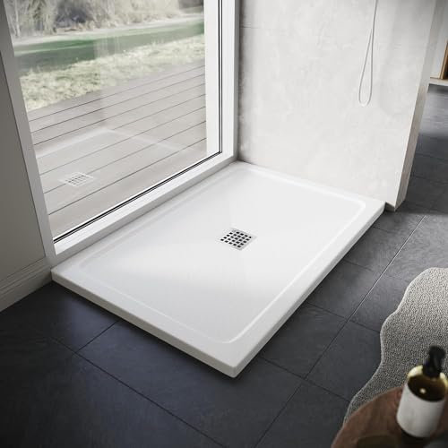ELEGANT SMC Shower Tray 1200 x 900 x 40 mm Rectangle White Durable Shower Tray with Non-Slip Flat Stone Look for Shower Enclosure Cubicle and Wet Bathroom + Waste Trap