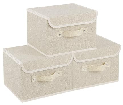 ENUMAIL Fabric Storage Boxes, Cube Organizers with Flip-Top Lid and Handles, Basket Container for Organizing Home, Office and Closet, Grey and Beige, 3 Pack, 26x20x17cm