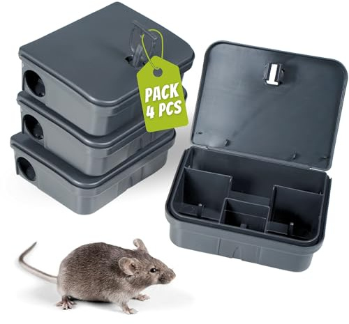 Portacebos para Ratones con Llave de Seguridad - Pack de 4 Unidades | Trampas para Ratas y Ratones Profesionales | Set de Eliminación de Plagas en Interior - Ratoneras y Portacebos Negros