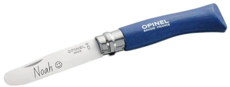 Opinel Mein erstes Taschenmesser mit Holzgriff | Kinder Schnitzmesser persönliche Gravur | vorne abgerundete Spitze | rostfrei | Virobloc | Geschenk (blau)