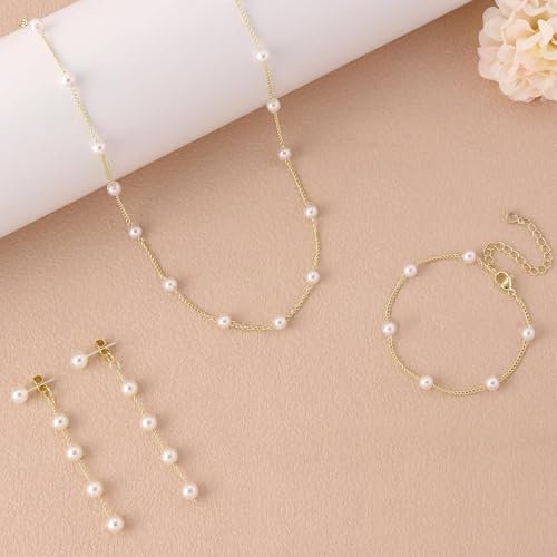 Yamobi Goldschmuckset für Damen, zierliches schmuck set Perlenketten und Ohrring set, Perlenohrringe, Perlenarmbänder, Perlenhalskette, Hochzeitsschmuck als Geschenk für Damen