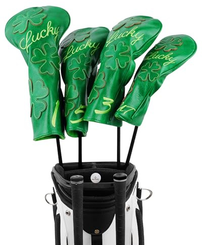 Golfschlägerkopfhauben für Fahrer/Fairwayholz/Hybrid/(1.3.5.UT)/Eisen/Putter, grünes PU-Leder, Kleeblatt