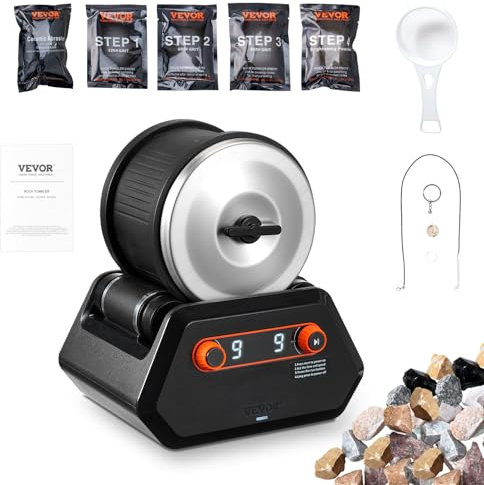 VEVOR Steinpolierset Steinpolierer 1,81 kg Kapazität 9 Geschwindigkeitsstufen, 9-Tage-Poliertimer, Steinschleifmaschine mit groben Edelsteinen & Polierkörnern, Steinpolierer Schwarz & Orange