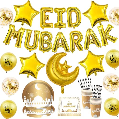 88Pcs Eid Mubarak Vaisselle Décoration, Decoration Eid Mubarak 2026, Vaisselle Aid Moubarak avec Assiettes, Gobelets, Serviettes, Pailles, Decoration Vaisselle de Ramadan, Muslim Party Fournitures