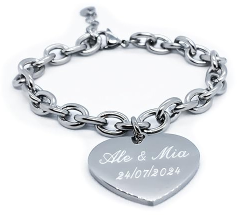 Generico Braccialetto Donna a cuore con Incisione Personalizzata | Bracciale in Acciaio inossidabile personalizzabile | Bijoux a catena e pendente